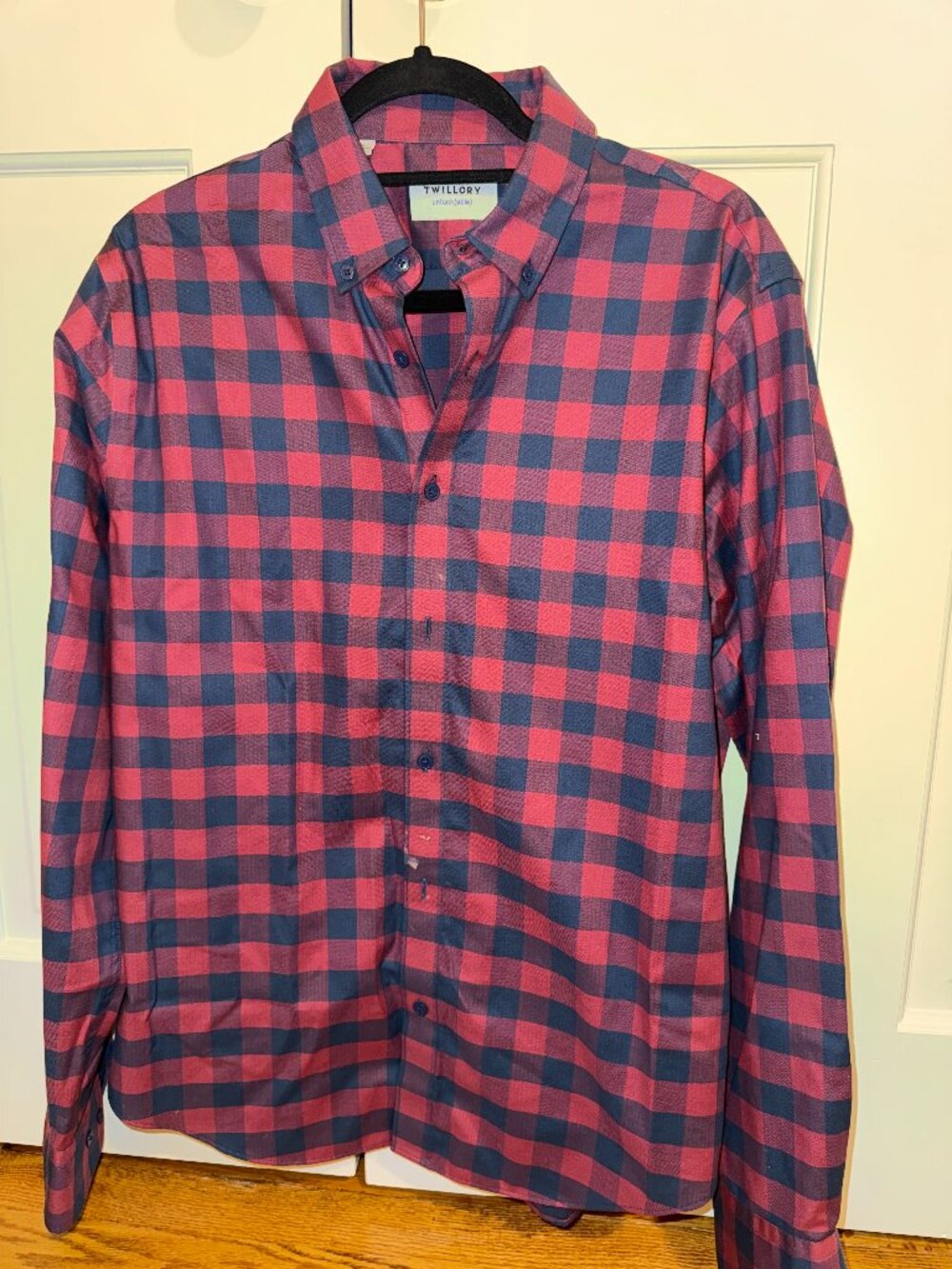 Twillory Untuckable Men's Red Navy Buffalo Check Tailored Fit Shirt Size M-L